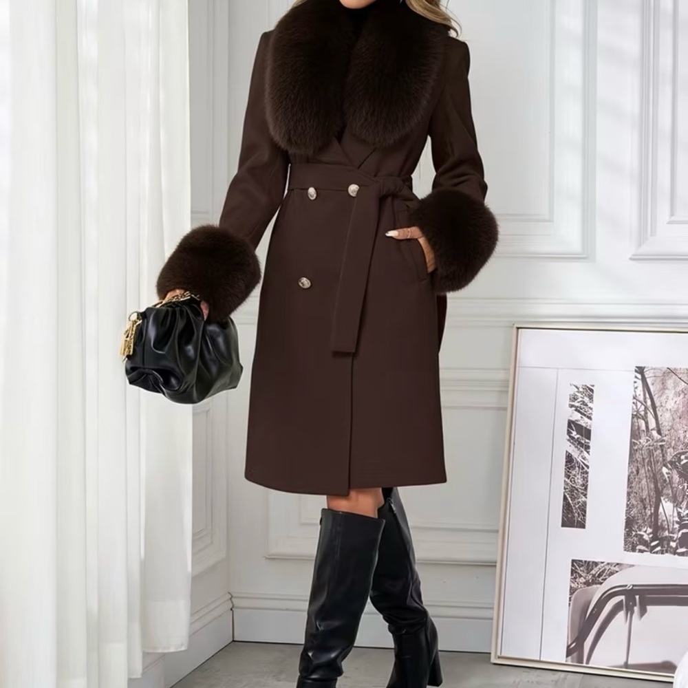 Source Unknown Dark Brown Fur-Trimmed Trench Coat - Picture 6 of 7